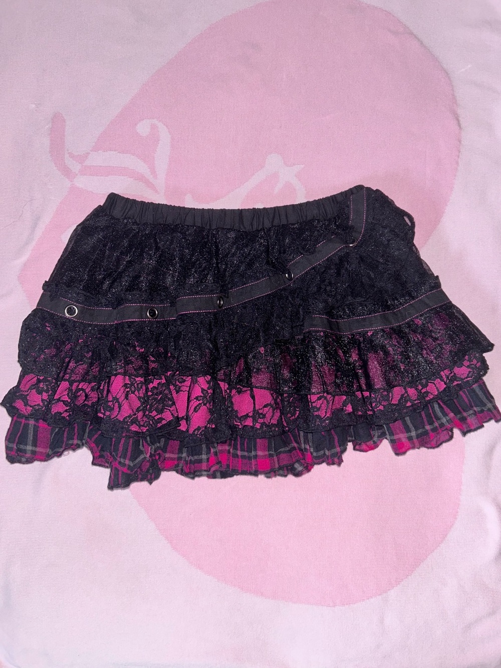 Emo / Goth / Scene Black Lace & Pink Plaid Ruffled Mini Skirt